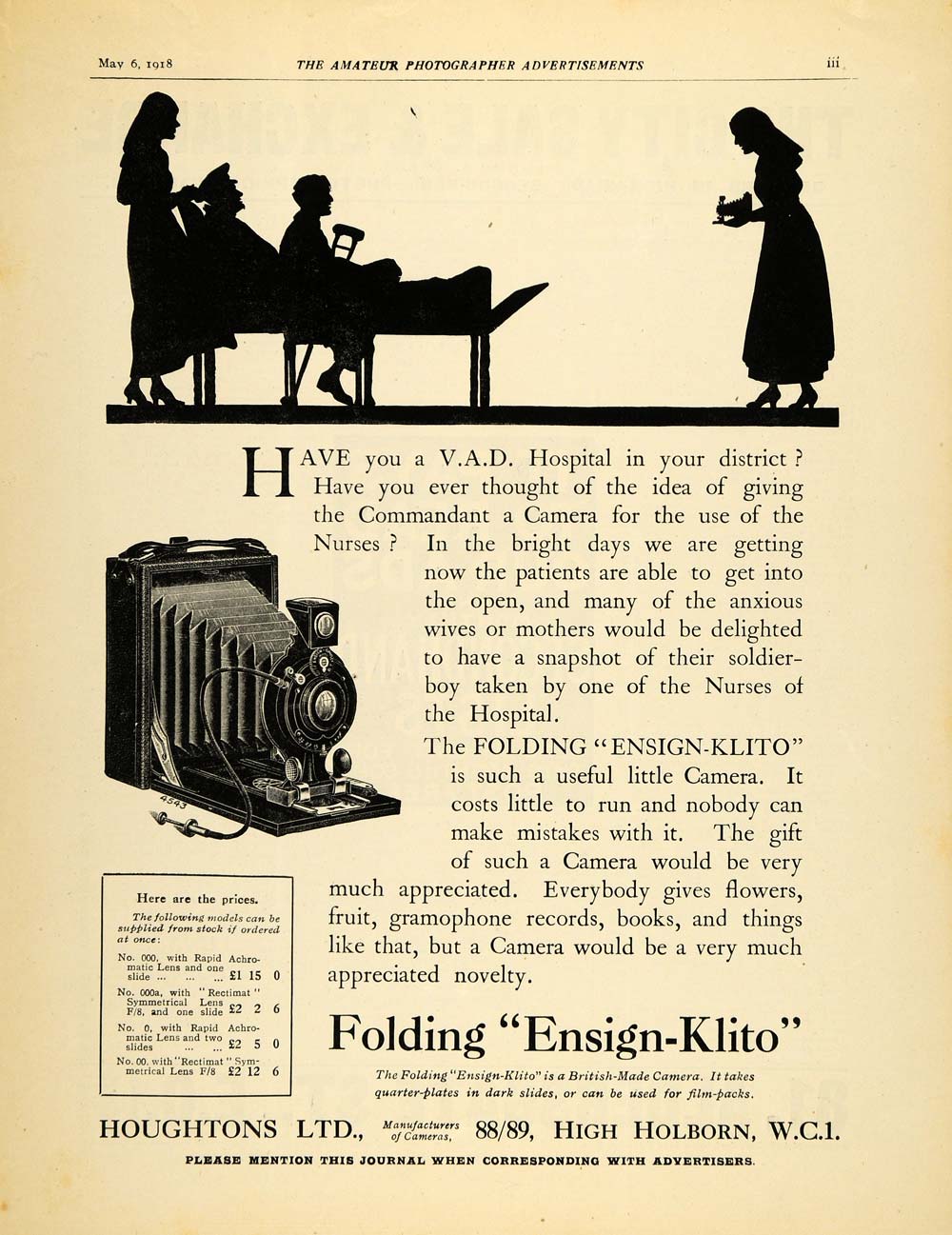 1918 Ad V A D Hospital World War I Houghtons Ltd Store - ORIGINAL AMP1
