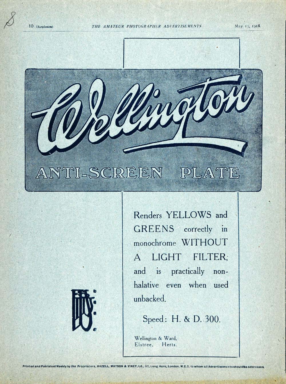 1918 Ad Anti-Screen Plate Photography Wellington & Ward - ORIGINAL AMP1