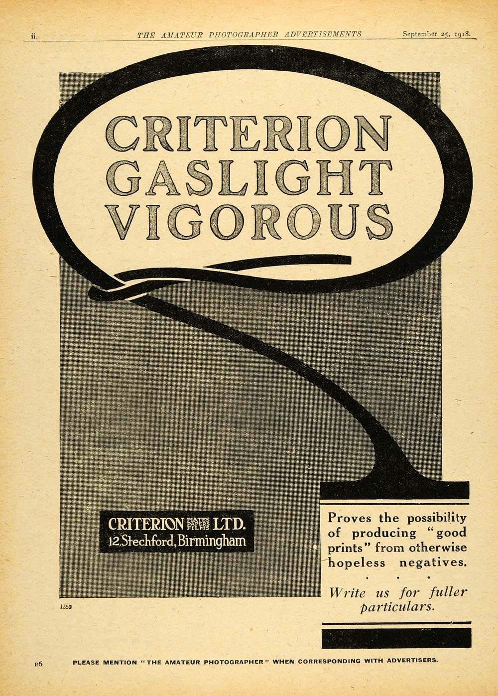 1918 Ad Criterion 12 Stechford Birmingham Gaslight Vigorous Photography AMP1