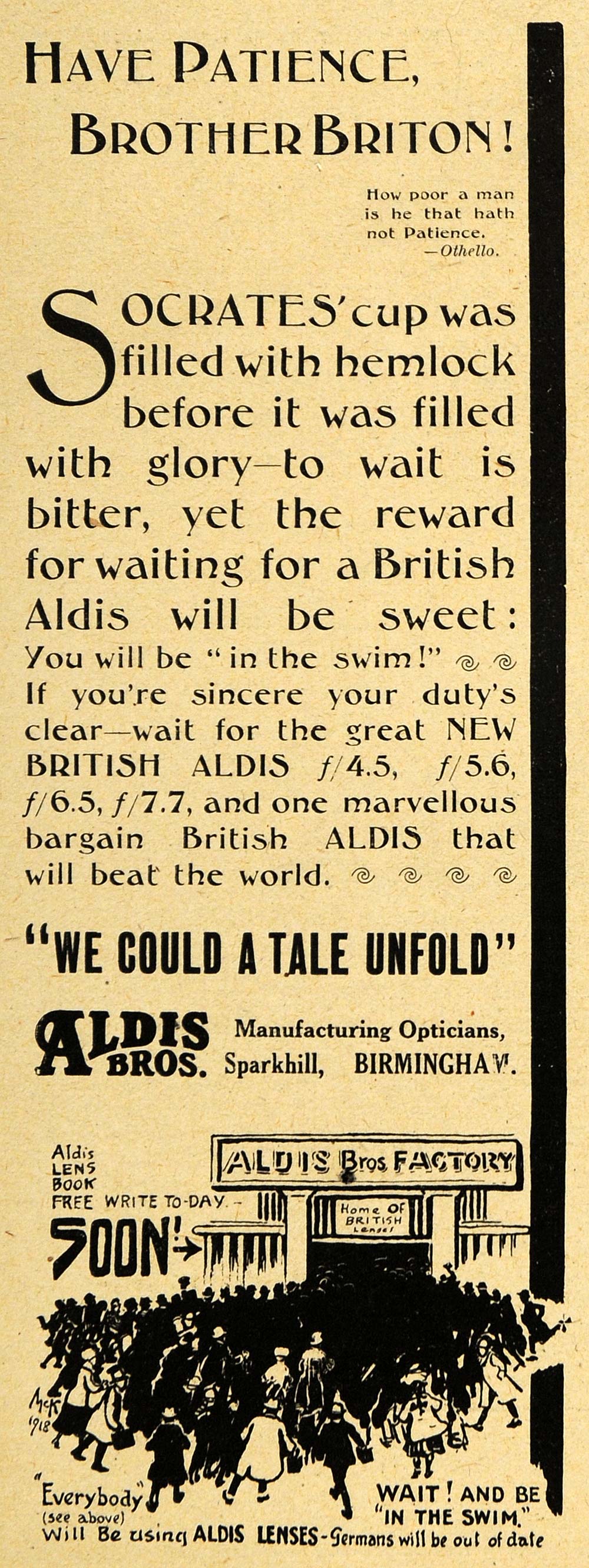 1918 Ad Aldis Bros. Opticians Camera Lens Birmingham UK - ORIGINAL AMP1