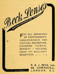 1918 Ad R.J. Beck British Camera Lenses Film British Photography Cornhill AMP1 - Period Paper
