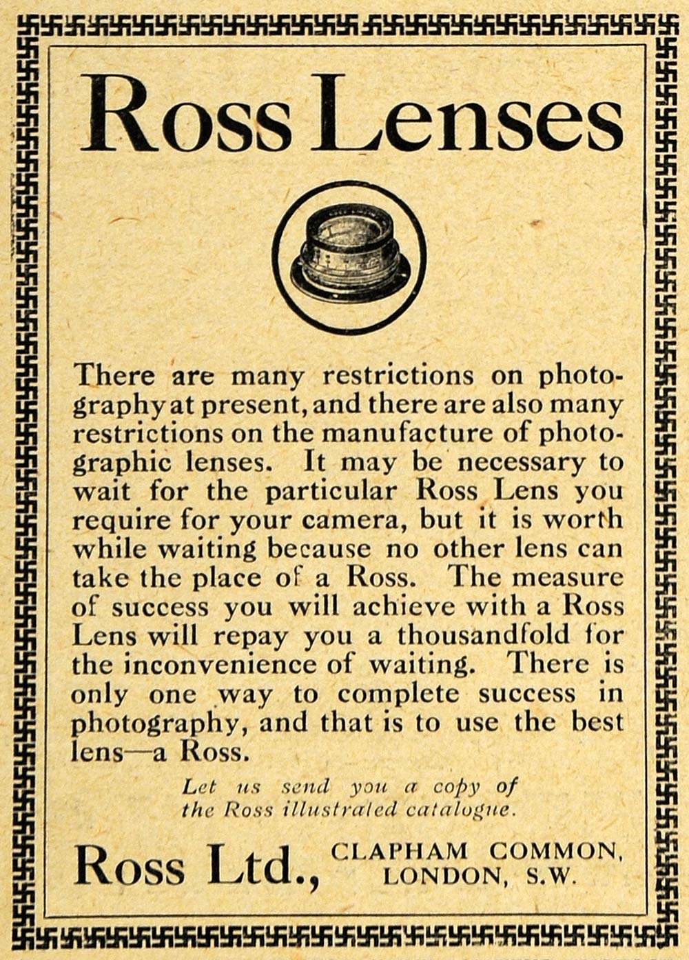 1918 WWI Ad Ross Camera Lens British Photography London - ORIGINAL AMP1