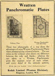 1918 Ad Wratten Panchromatic Plates Photography Camera Kodak Panchromatic AMP1