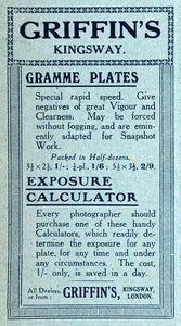 1918 Ad Griffin's London Gramme Plates Film Camera Photography Exposure AMP1