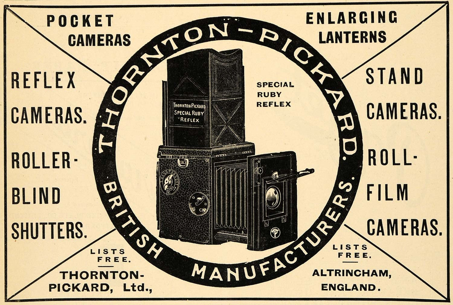 1918 Ad Antique Thornton-Pickard Ruby Reflex Film Camera Roller Blind AMP1 - Period Paper
