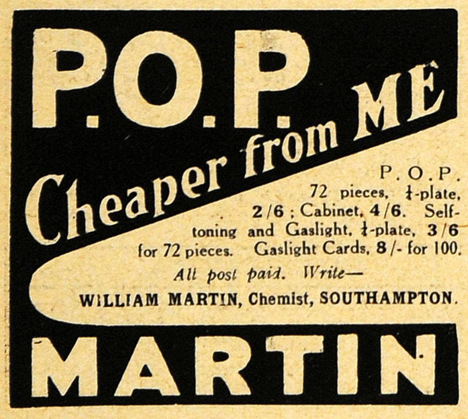 1918 Ad William Martin Chemist Gaslight Self Toning P. O. P. Southampton AMP1