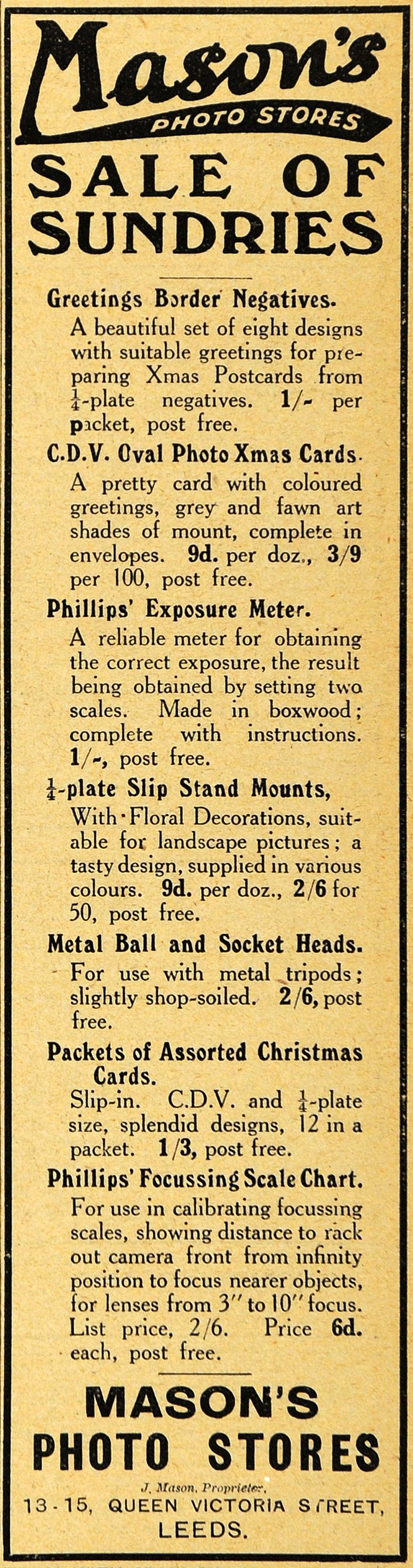 1918 Ad Mason's Sundries Phillips Exposure Meter Photography Leeds England AMP1