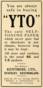 1918 Ad YTO Self-Toning Photographic Paper Kentmere Camera Film Photography AMP1