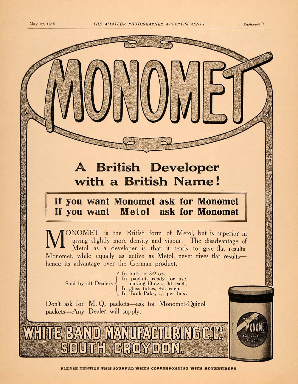 1918 Ad Monomet British Film Developer Photography White Band South Croydon AMP1