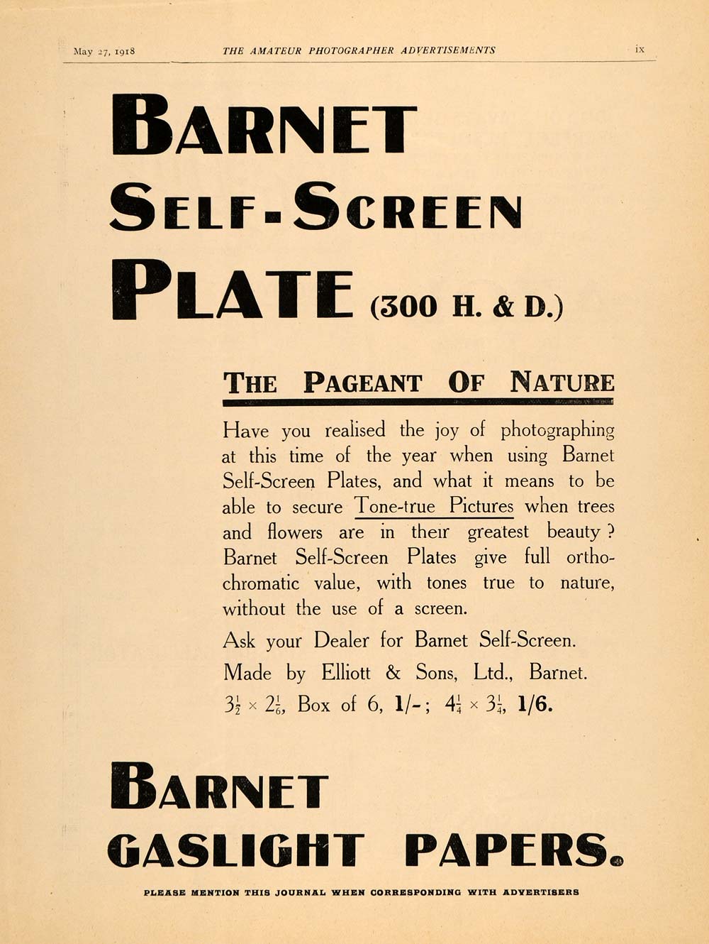 1918 Ad Barnet Self-Screen Plate Gaslight Paper Photography Film Developing AMP1