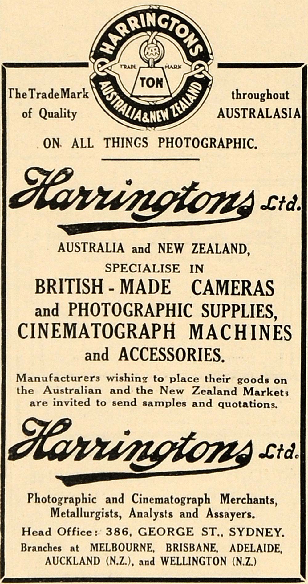 1918 Ad Harringtons Camera Sydney Australia New Zealand Cinematograph AMP1