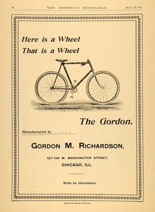 1896 Ad Gordon M. Richardson Chicago Bicycles Tire Wheels Bike Parts AMW1