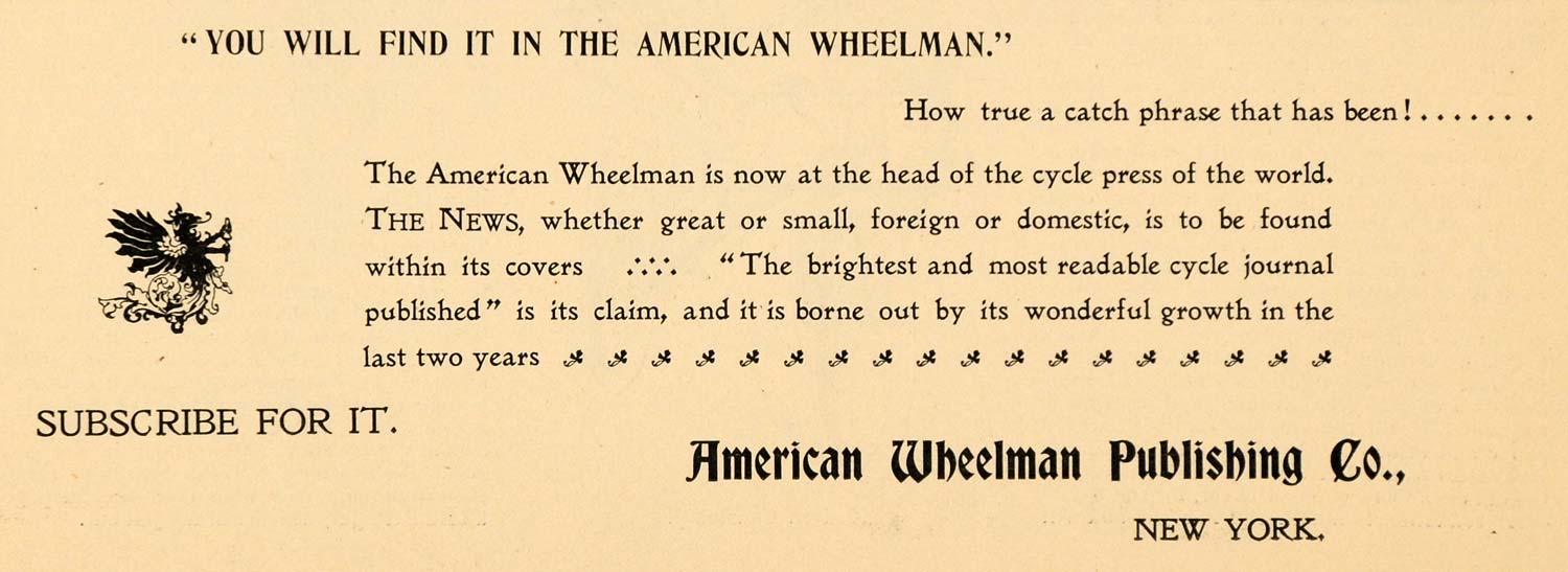 1896 Ad American Wheelman Publishing New York Bicyling Biking Bike Cycling AMW1
