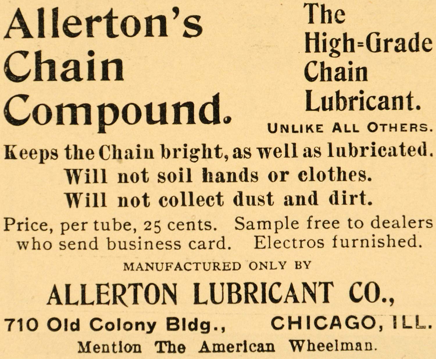 1896 Ad Allerton Lubricant Chicago Chain Compound Bicycle Bike Cycle AMW1