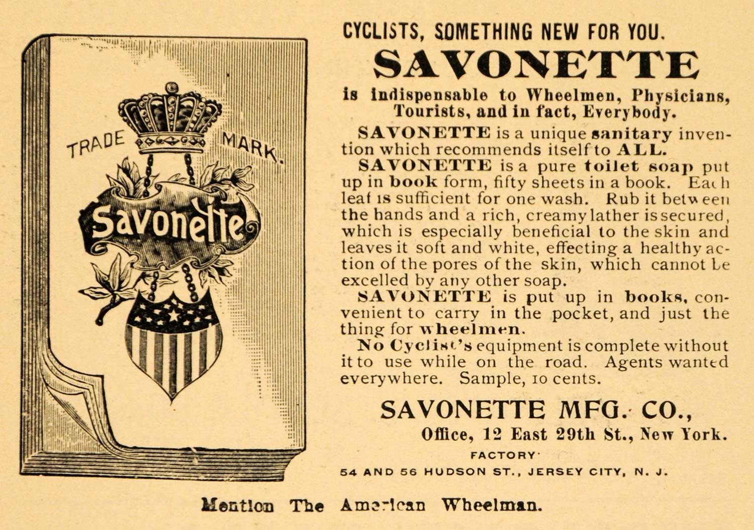 1896 Ad Savonette Toilet Soap Cyclist Bike Sanitation Personal Hygiene AMW1