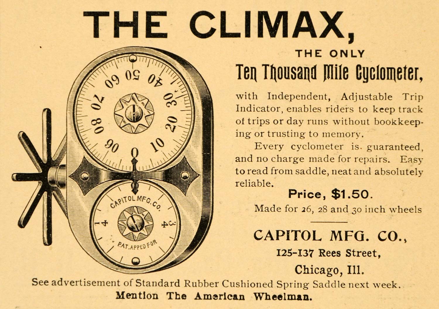 1896 Ad Climax Capitol Cyclometer Chicago IL Bike Accessories American AMW1