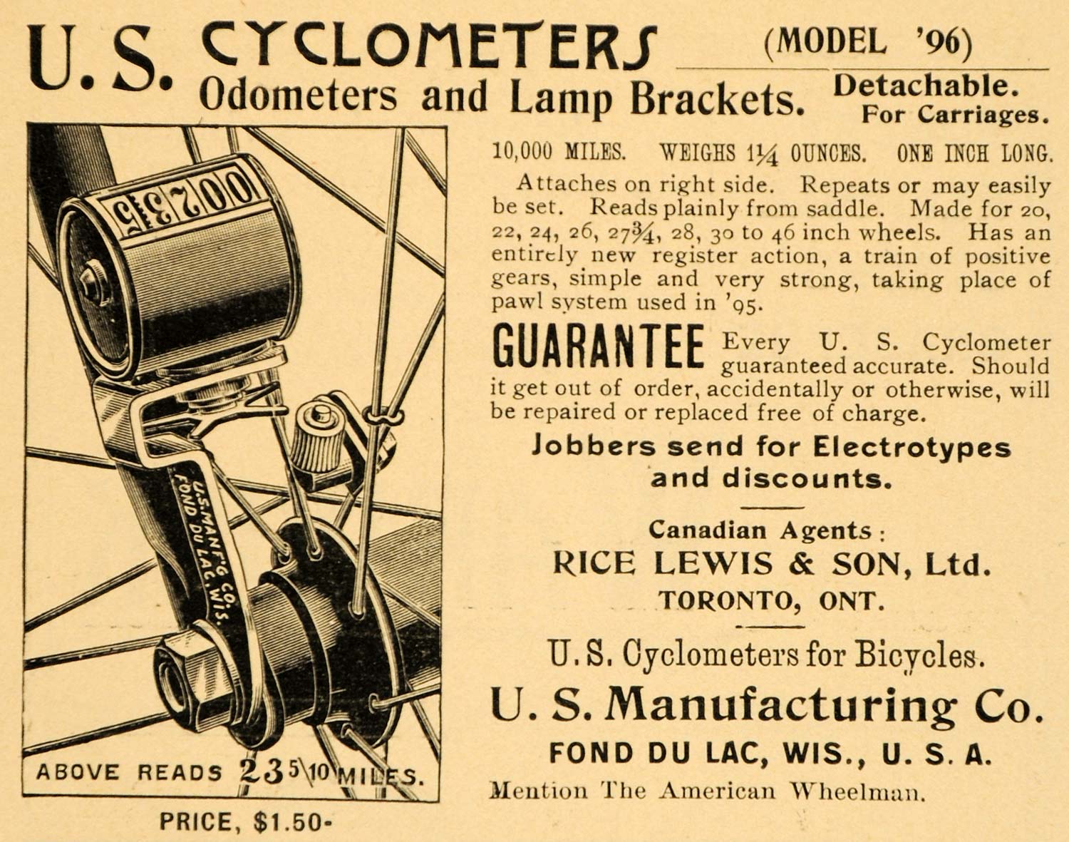 1896 Ad U. S. Cyclometers Odometer Lamp Brackets Bike Accessories Rice AMW1