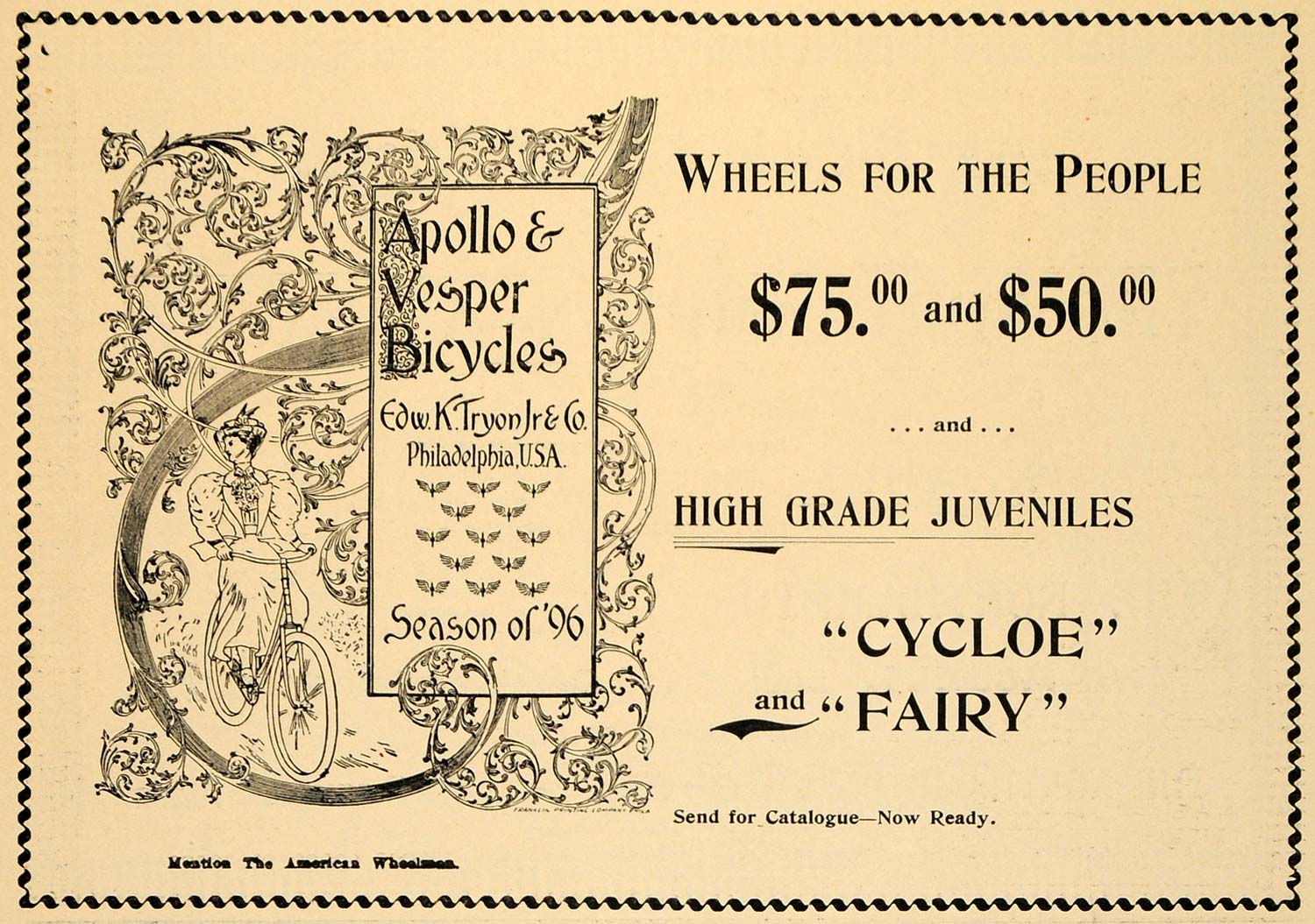 1896 Ad Apollo Vesper Bicycles Edward K. Tryon Jr. Cycloe Fairy Bike AMW1
