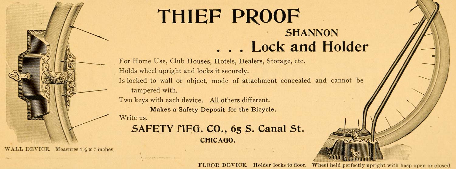 1896 Ad Thief Safety Chicago Bicycle Accessories Shannon Bike Wheel Lock AMW1