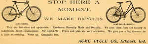 1896 Ad Acme Cycle Elkhart Indiana Bicycles Racer Belle Bikes Models Biking AMW1