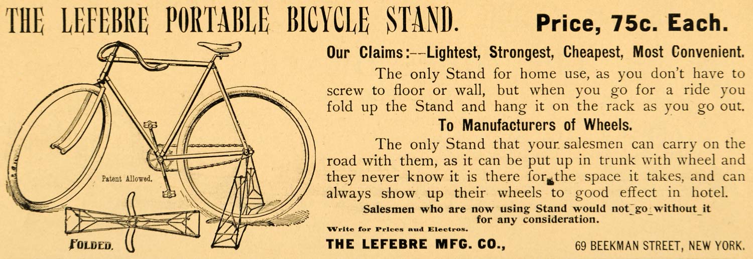 1896 Ad Lefebre Portable Bicycle Stand Bike Accessories 69 Beekman St. New AMW1