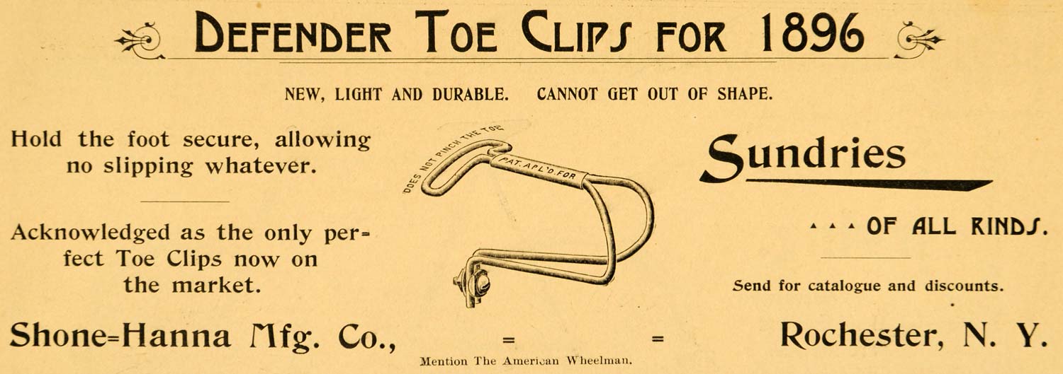 1896 Ad Bicycle Pedal Defender Toe Clips Sundries Shone Hanna Bike AMW1
