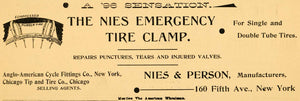 1896 Ad Nies Person Bicycle Emergency Double Tube Tire Clamp Bike Parts AMW1