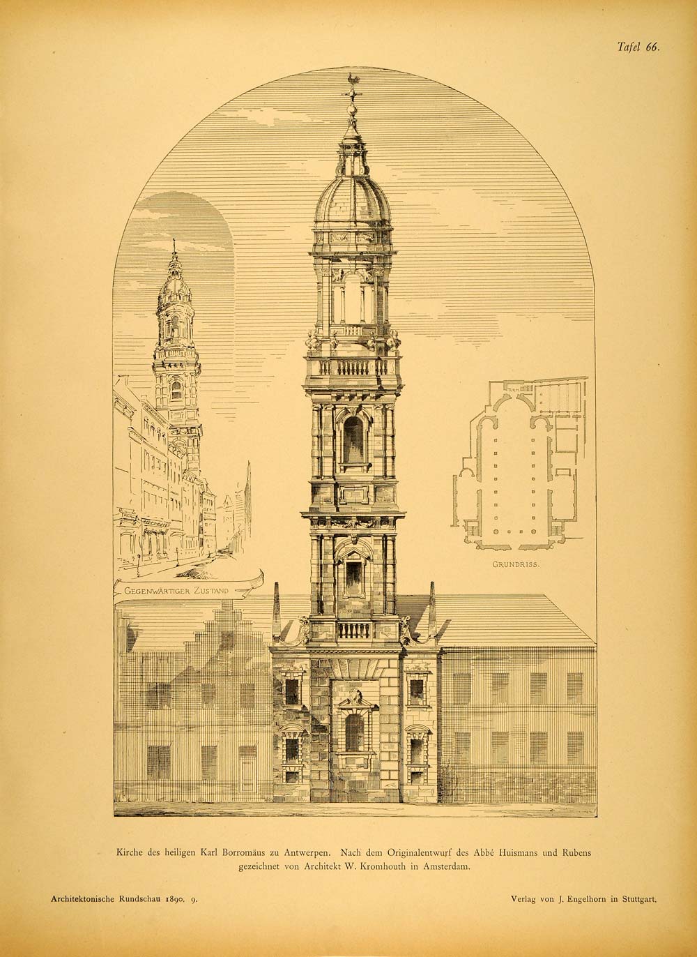 1890 Print St. Carolus Borromeus Church Tower Antwerp ORIGINAL HISTORIC AR1