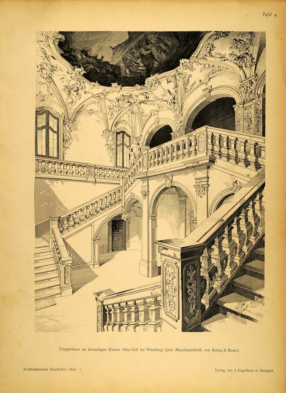 1891 Print Stairs Kloster Oberzell Baroque Architecture ORIGINAL HISTORIC AR2