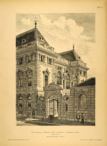 1891 Print Wodianer Palace Gate Budapest Architecture ORIGINAL HISTORIC AR2