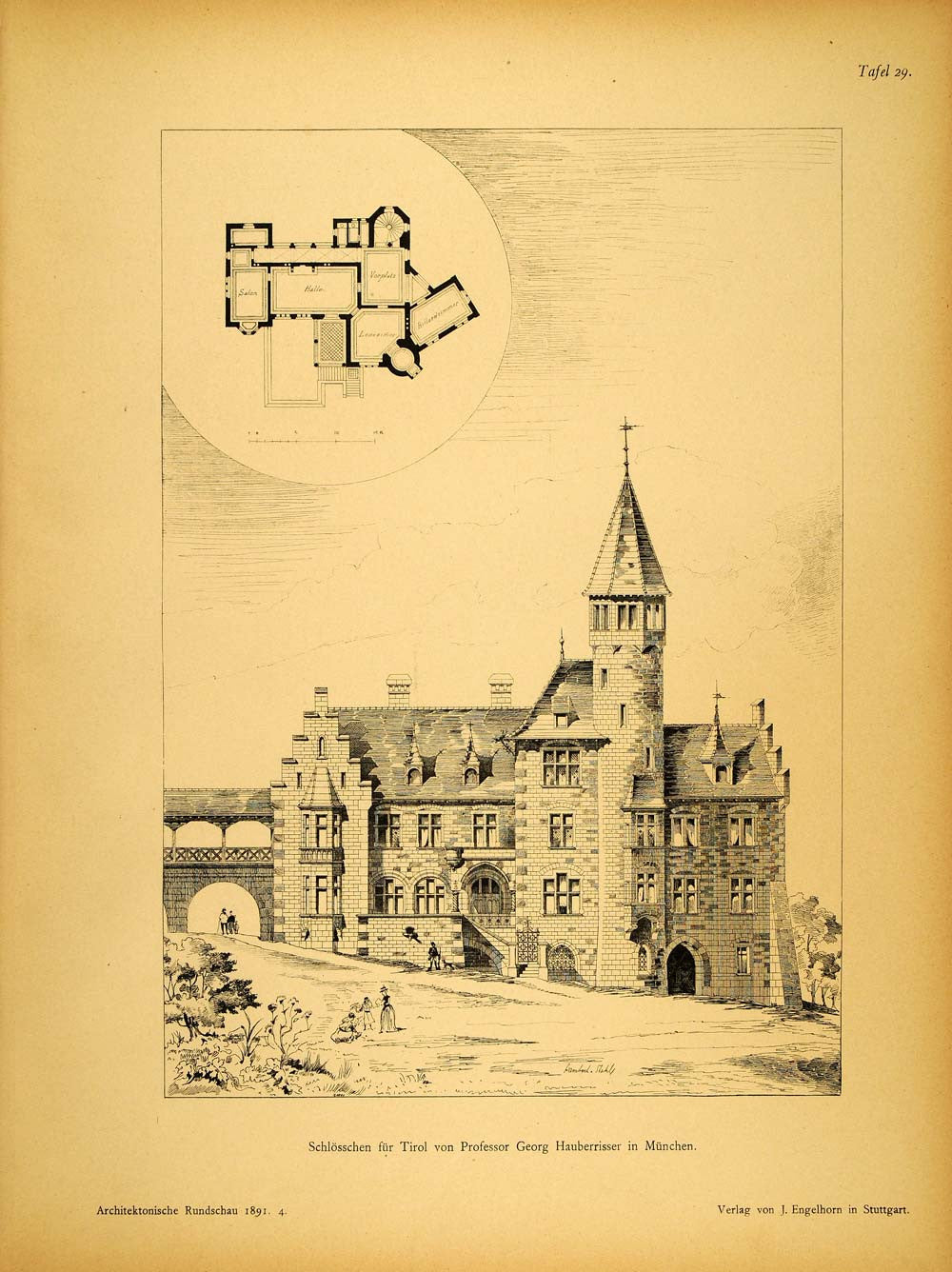 1891 Print Castle Tyrol Georg Hauberrisser Architect - ORIGINAL HISTORIC AR2