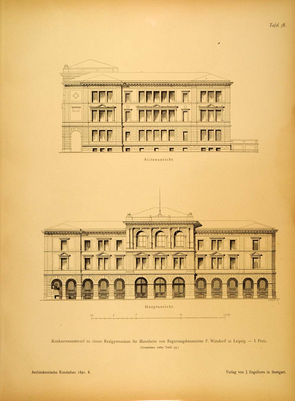 1891 Print High School Mannheim Architecture Floor Plan ORIGINAL HISTORIC AR2