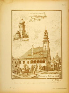 1896 Print Rathaus Tower Modling Austria Architecture ORIGINAL HISTORIC AR3
