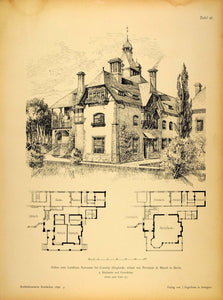 1896 Print Country House Crawley England Architecture ORIGINAL HISTORIC AR3