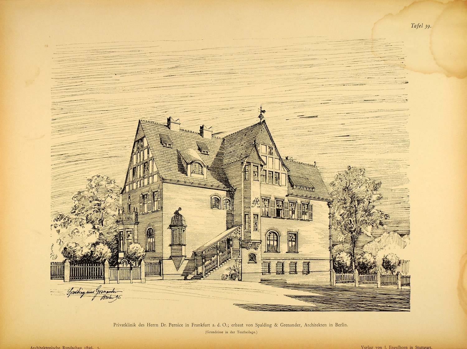 1896 Print Hospital Spalding Grenander Architect German ORIGINAL HISTORIC AR3