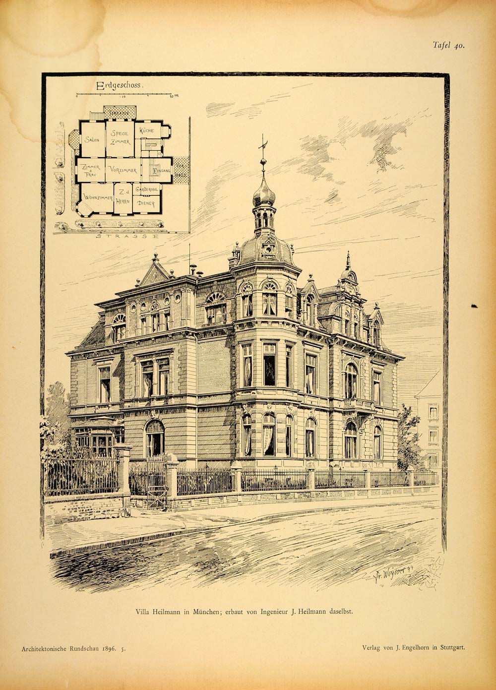 1896 Print House Heilmann Munich Architecture Germany ORIGINAL HISTORIC AR3