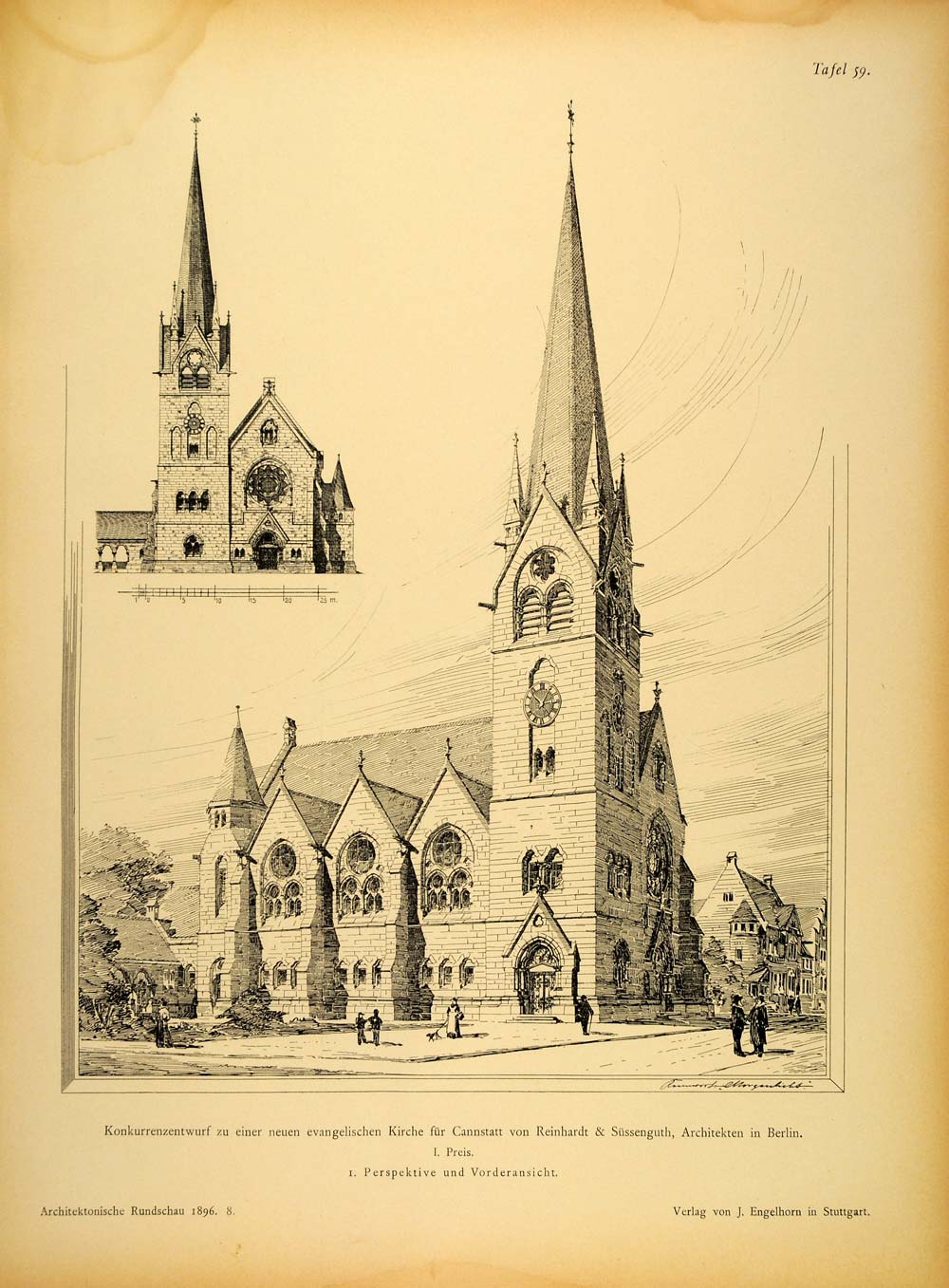 1896 Print German Church Cannstatt Reinhardt Sussenguth ORIGINAL HISTORIC AR3