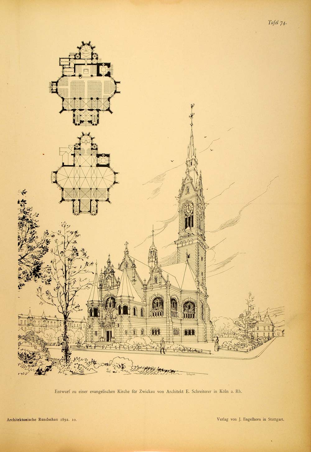 1892 Print Protestant Church Kirche Zwickau Germany - ORIGINAL HISTORIC AR4