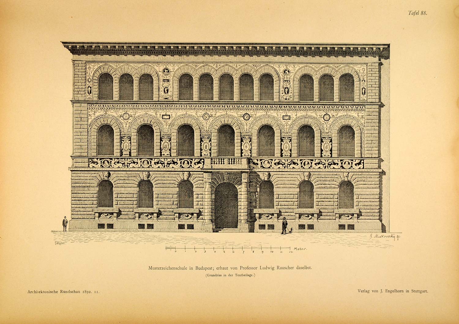 1892 Print School Budapest Hungary Architect Rauscher ORIGINAL HISTORIC AR4