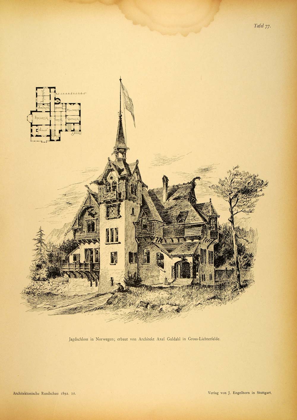 1892 Print Hunting Lodge Norway Architect Axel Guldahl ORIGINAL HISTORIC AR4