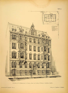 1892 Print Building Mozartstrasse Leipzig Architecture ORIGINAL HISTORIC AR4