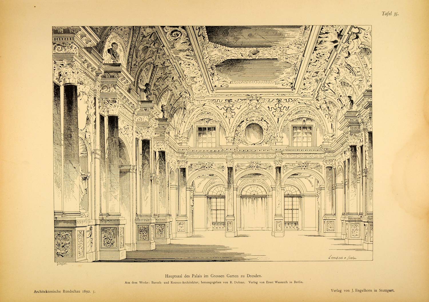 1892 Print Hall Grossen Garten Palace Dresden Baroque ORIGINAL HISTORIC AR4