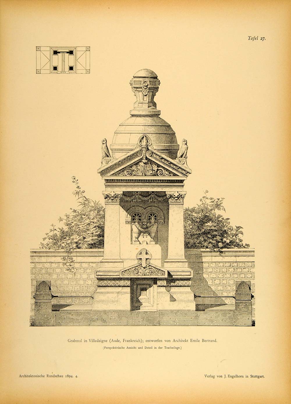 1894 Tomb Villedaigne Aude France Emil Bertrand Print ORIGINAL HISTORIC ARC2
