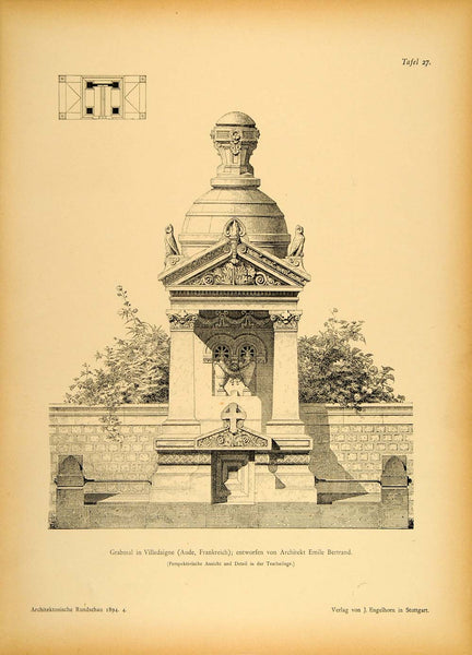 The Drawings of Bertrand　Bertrand 1894 Tomb Villedaigne Aude France Emil Bertrand Print ORIGINAL