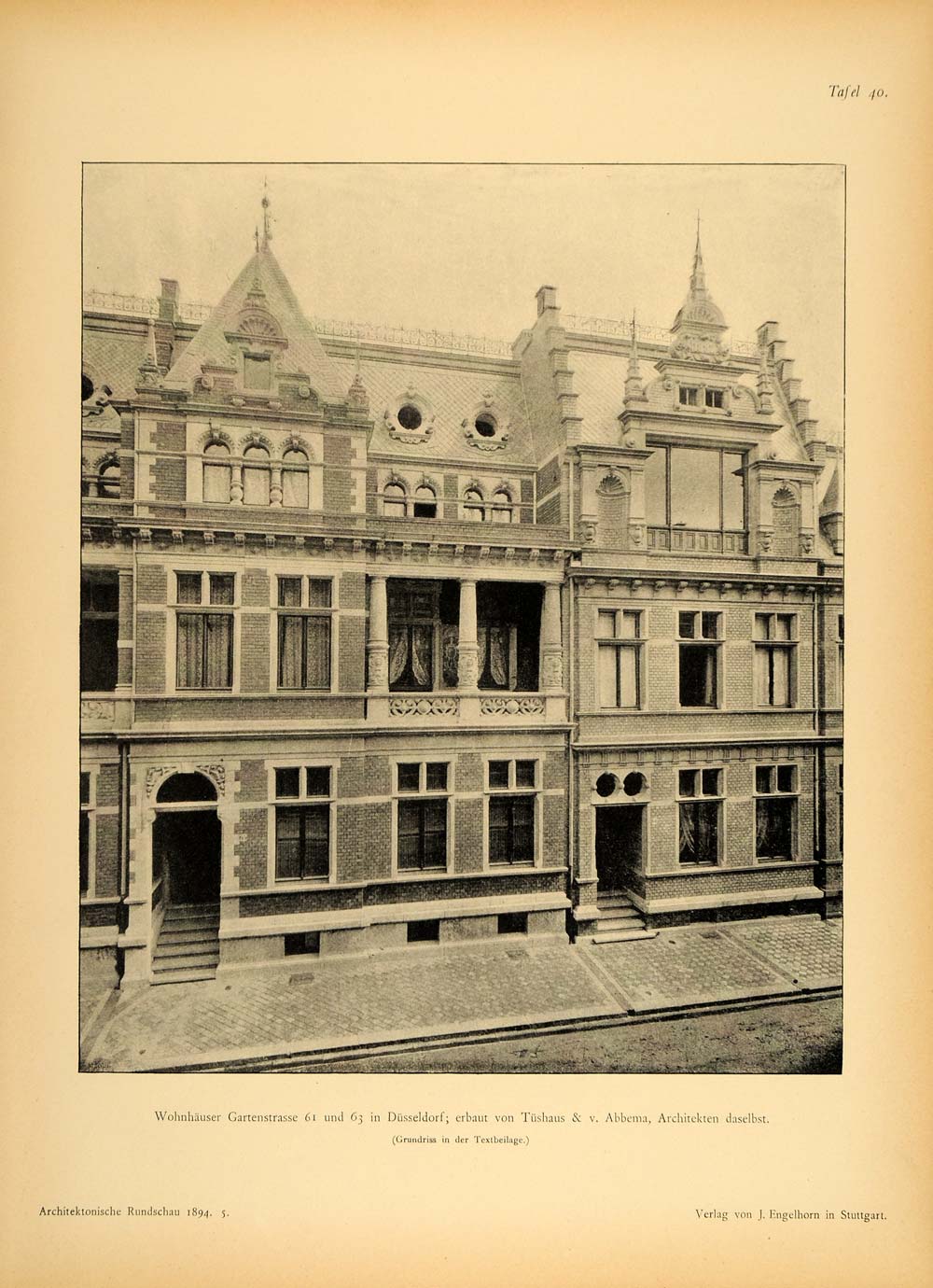 1894 Houses Dusseldorf Gartenstrassee 61 & 63 Print - ORIGINAL HISTORIC ARC2