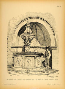 1894 Fountain Ragusa Sculpture Architecture Print - ORIGINAL HISTORIC IMAGE ARC2