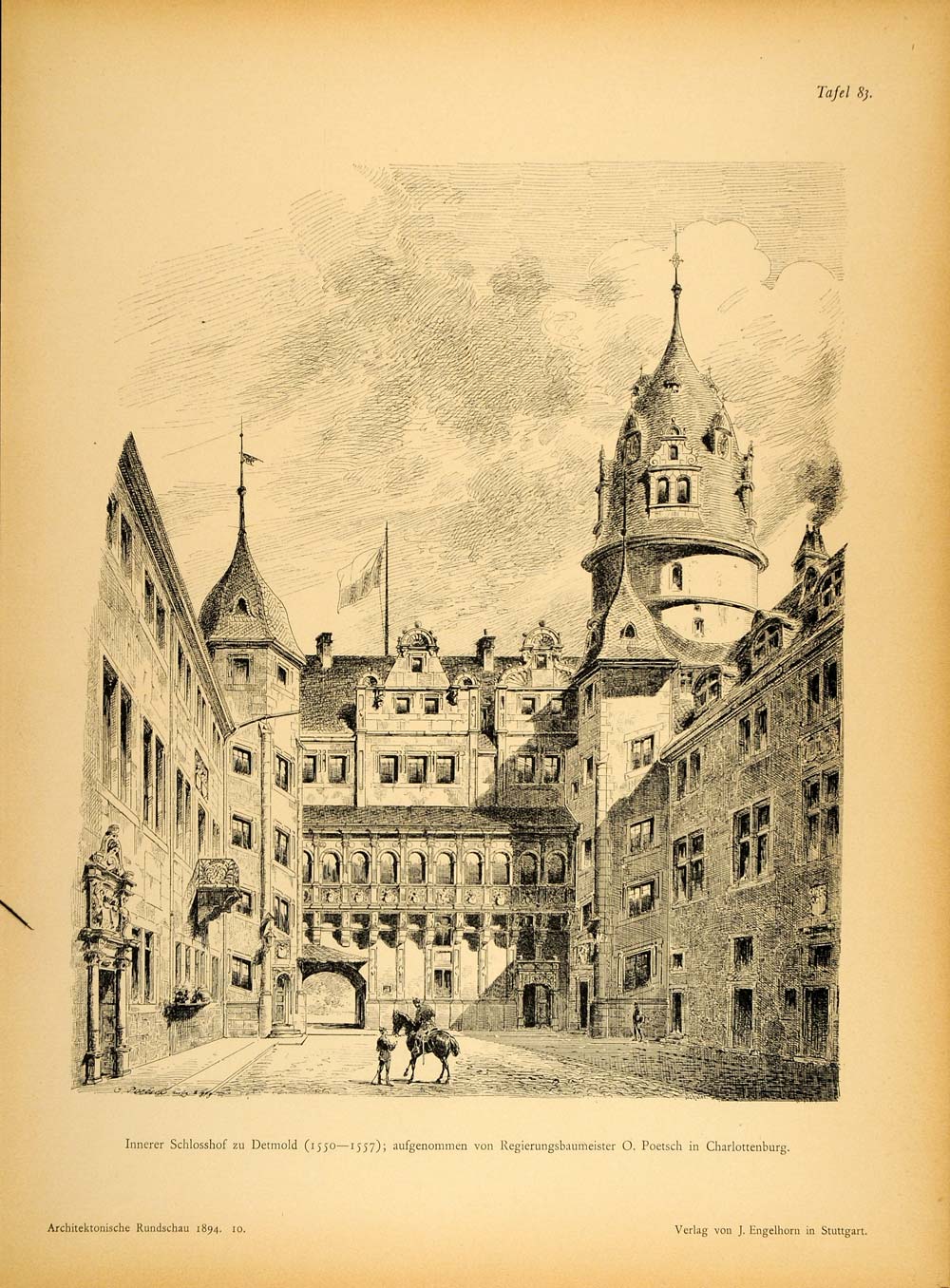 1894 Schloss Detmold Castle Germany Inner Court Print ORIGINAL HISTORIC ARC2