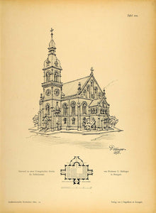 1894 Protestant Church Zuffenhausen Architecture Print ORIGINAL HISTORIC ARC2
