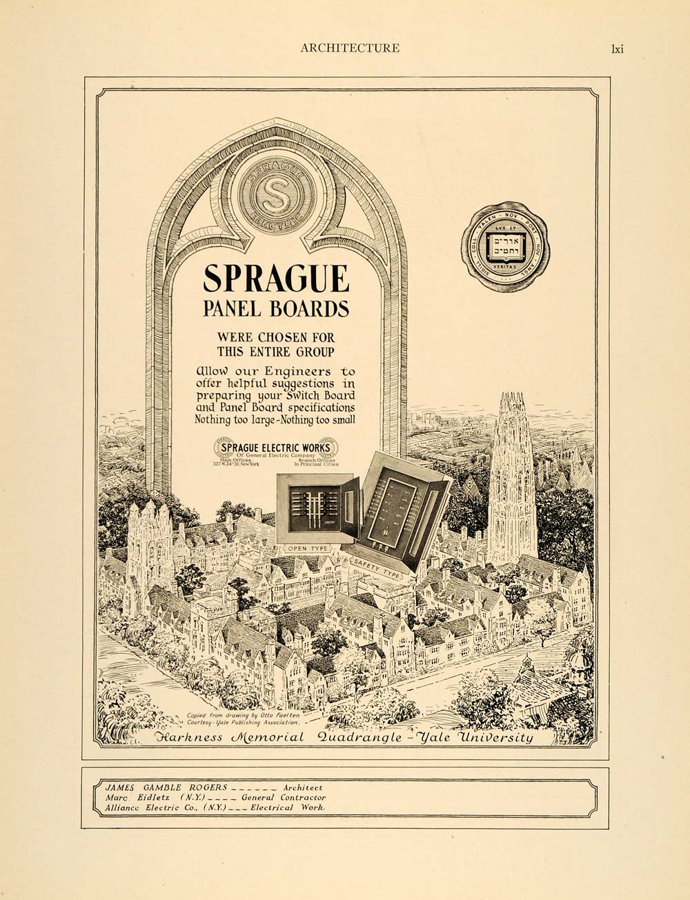 1921 Ad Yale University Harkness Quadrangle Otto Faelten Sprague Electric ARC3