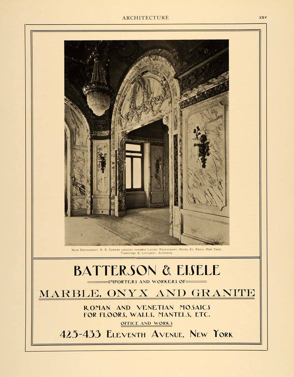 1905 Ad Hotel St. Regis New York Batterson Eisele Architecture Onyx ARC3